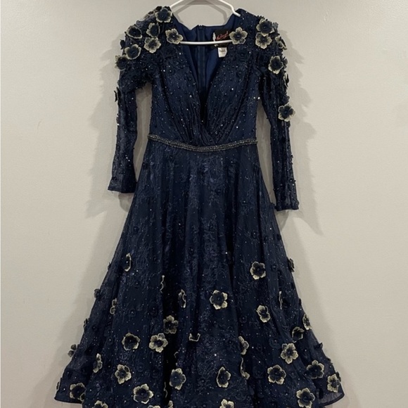 Mac Duggal 67809 Lace Floral Low V-neck Cocktail Midi Dress Gown Midnight 4 - Picture 10 of 10